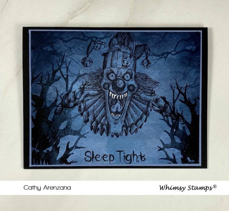 Creepy Clown Sleep Tight Rubber Cling Stamp - Whimsy Stamps